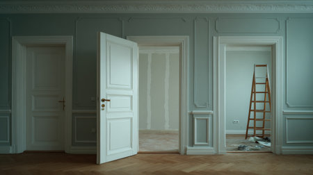An open white door shows a renovated room with a ladder inside, indicating ongoing painting and moving activities in the apartment.の素材