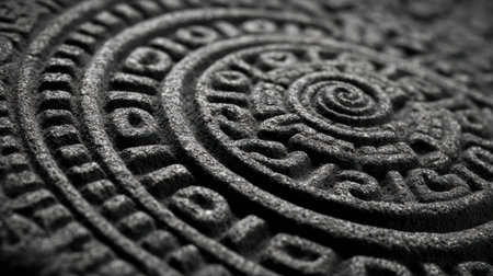 Patterns carved into ancient stone showcase intricate designs against a clear background, offering visual engagement and focus.の素材