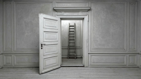 A white door stands open in a renovated apartment. Inside, there is a ladder and unfinished painting tasks. The space appears to be in transition.の素材