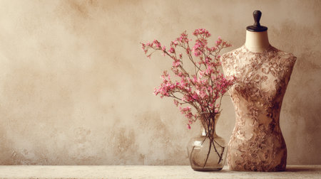 Mannequin presents spring clothing beside a vase of flowers on a surface against a blank wall, leaving space for additional design or text ideas.の素材