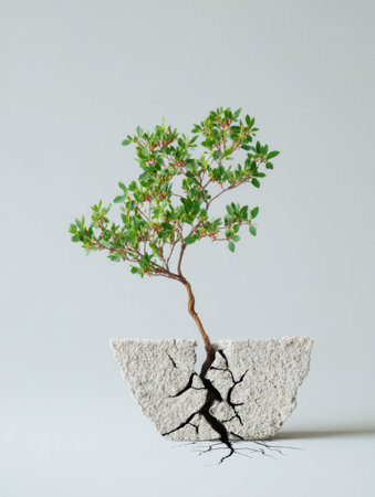A small plant grows from a stone, showing resilience as it adapts to its harsh environment while cracks form around its roots.の素材