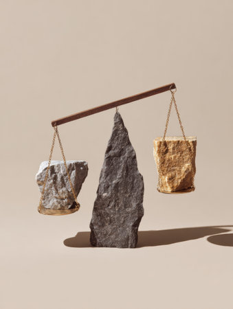 Two stone blocks hang from a beam, balancing on a central stone support that represents fairness in technology concepts.の素材