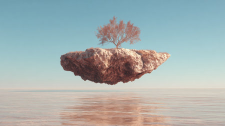 A landscape shows a large stone in the horizon with a tree growing on top, representing growth and connection to nature.の素材