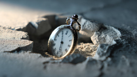 An old pocket watch is placed in a damaged stone surface, showing the wear from time and highlighting the theme of trust through the ages.の素材