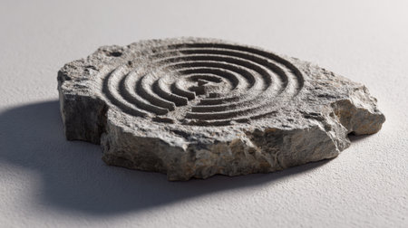 Stone with spiral marks sits on a surface, showing patterns of erosion and a sense of history. The setting provides a focus on design and texture.の素材