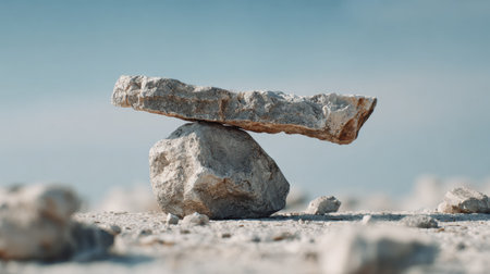 A stable stone foundation supports a larger stone, symbolizing trust in technology against a clear background with hints of blue.の素材
