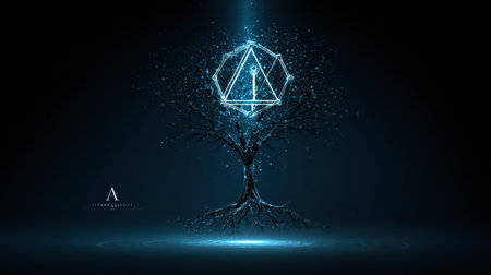 A tree with glowing roots and ancient symbols highlights the link between traditional ideas and current artificial intelligence concepts.の素材