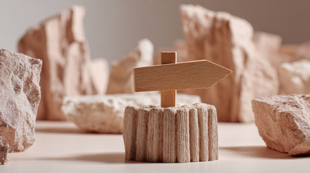 Wooden sign stands on ancient base among rocks, indicating a direction that symbolizes progress and growth in personal development.の素材