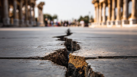 Cracks run through ancient pavement near stone alignments and columns with visitors walking in the background, highlighting the passage of time.の素材