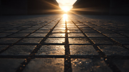 Light from the setting sun shines on a stone grid in an urban area, highlighting the architecture and layout of early city systems.の素材