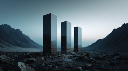 Three tall stone monoliths stand in a barren landscape with mountains in the background under a fading light during transition time.の素材