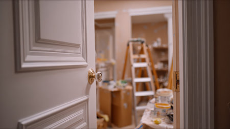 Open white door reveals a space in renovation with a ladder and boxes indicating moving activities and painting work taking placeの素材