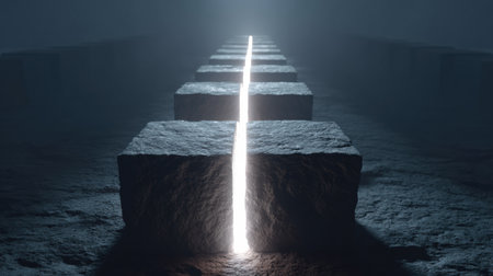 A stone base supports a rising light path, creating an atmosphere of growth and stability in a dimly lit space.の素材