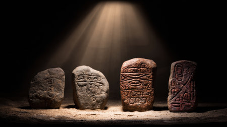 Stone symbols stand illuminated in a dark space, showing elements of ancient learning and knowledge through their intricate carvings.の素材
