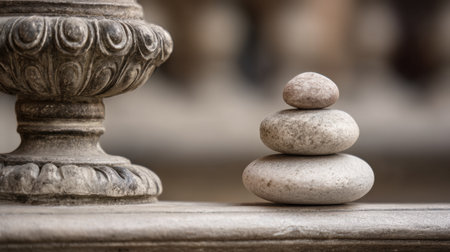 A stack of stones placed neatly on a stone surface near detailed architecture features during sunny conditions in a peaceful setting.の素材