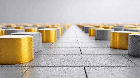 Clear stone pathways lead through a landscape filled with round blocks in various colors, representing ideas and possibilities in ai.の素材