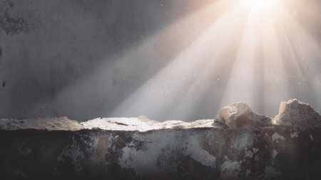 Soft light illuminates a worn stone surface, highlighting textures in a minimalist setting with a gentle backdrop.の素材