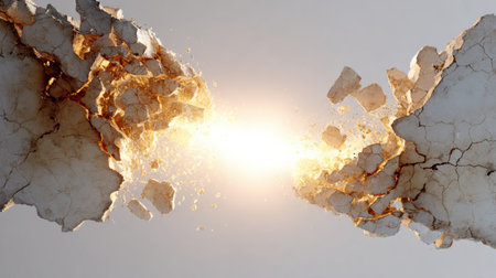 Background shows a clear transition from cracked stone to a smooth light gradient, creating a visual change in texture and appearance over time.の素材