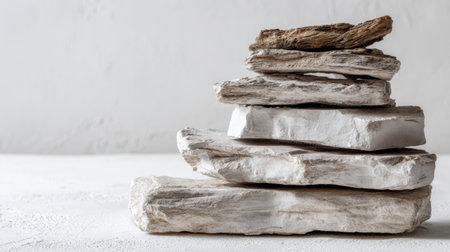 Stacked stone slabs sit on a neutral surface, arranged in a horizontal format to suggest stability and structure in a professional environment.の素材