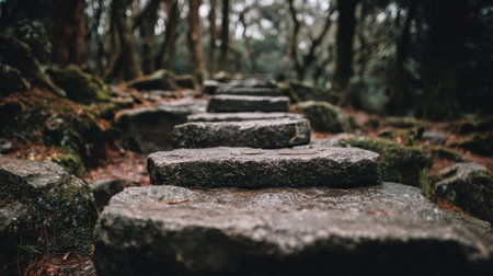 A stone pathway winds through a forest, connecting different points with minimal surroundings and natural elements in view.の素材