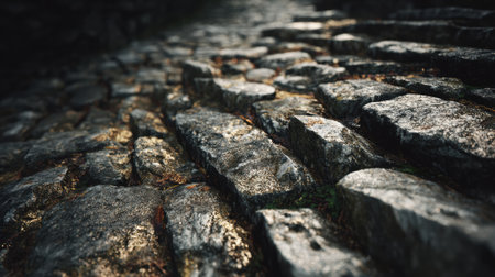 An ancient stone road stretches ahead, its rough texture visually embodying the concept of strategy.の素材