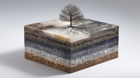 A display shows a tree with roots extending into various stone layers representing corporate foundations and growth.の素材