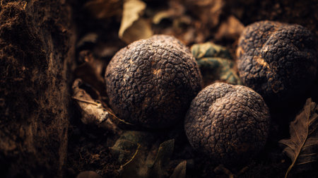 Earthy soil and oak roots with black truffles, inviting viewers to imagine a truffle hunting experience in a forest.の素材