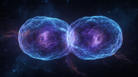 Two glowing particles are connected by light threads in a cosmic setting, illustrating the concept of quantum entanglement and interaction.の素材