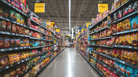 A view of supermarket aisles filled with products showcasing a retail environment focused on variety and organization.の素材