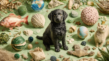Scene showcases sustainable pet products with vibrant colors and textures suitable for advertising in 2026, focusing on eco-friendly materials.の素材