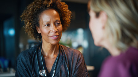 A female physician uses a stethoscope to connect with her patient in a modern clinic on International Women Physicians Day.の素材
