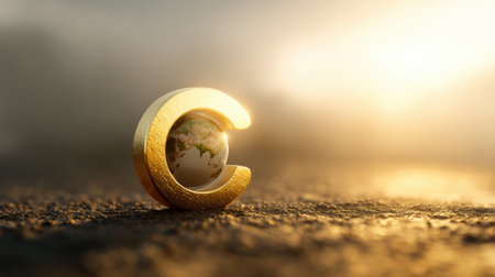 A golden globe symbolizes earth against a soft light, emphasizing climate change and environmental awareness.の素材