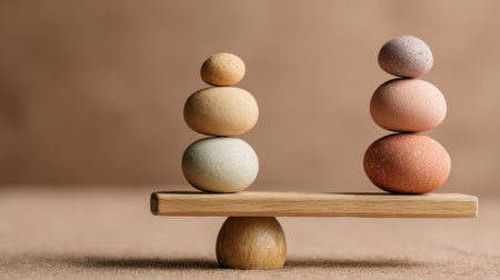Stones arranged on a wooden base create a balanced look, emphasizing health. The colors and design provide a soft backdrop in a neutral setting.の素材
