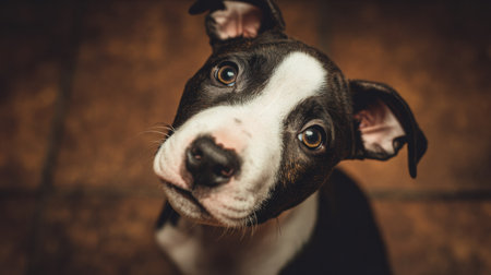 A puppy tilts its head in surprise as warm light fills the room, creating a cozy and inviting atmosphere for family moments.の素材