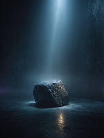 A large stone rests on a smooth surface in a softly lit dark space, offering a unique backdrop for various projects.の素材