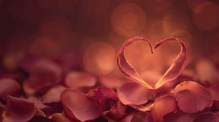 A background filled with rose petals and a soft heart symbol offers a warm feeling of affection and love, providing a cozy space for memories.の素材