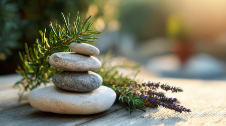 Stones are arranged on a wooden surface alongside greenery. Soft light adds a warm touch to the scene during the early evening.の素材