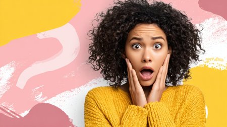 A person expresses surprise with wide eyes and an open mouth, holding their face in shock against an abstract soft background filled with colors.の素材