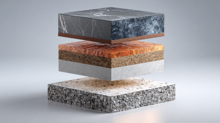Layers of stone materials are stacked, each layer showing unique textures and colors. The arrangement symbolizes a foundation for building.の素材
