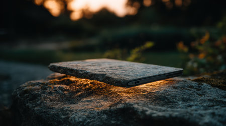 A device rests on an ancient stone, lit by warm light during sunset, blending technology and nature in an outdoor scene.の素材