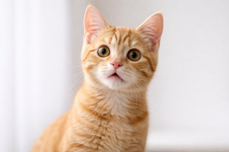 An orange cat with wide eyes shows a surprised expression in a well-lit indoor space. The cat has soft fur and is focusing on something.の素材