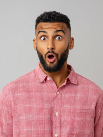 Young adult shows surprise and happiness with an open gaze and subtle smile in a bright and neutral environment.の素材