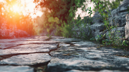 A pathway made of ancient stones runs under soft sunlight. Green plants grow along the sides, showing signs of life in the area.の素材