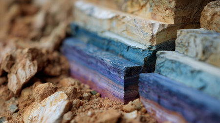 Stone layers are visible in a geological formation, showing different colors and textures. The layers illustrate the natural process of continuity.の素材