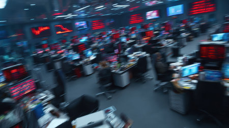 Traders react to the oil flash crash with frantic energy as screens display red alerts and chaotic market activity on the trading floor.の素材