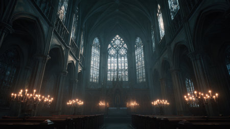 A gothic interior space tall features windows and candlelight. The atmosphere displays shadows and highlights that create a unique environment.の素材
