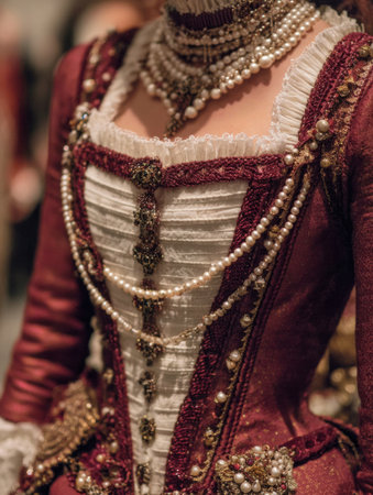 Close view of Baroque costume fabric shows fine stitching and embellishments, highlighting the craftsmanship and style of the period.の素材