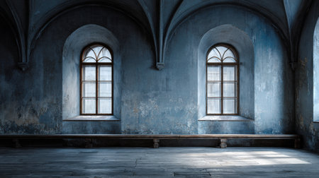 Old monastery walls tell a rich history, their worn surfaces and light through arches inviting reflection and thought.の素材