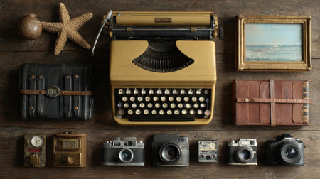 A collection of vintage writing tools and cameras is organized on a wooden desk. Items include a typewriter, old cameras, and leather-bound books.の素材