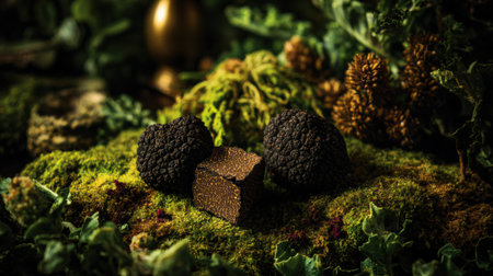 Experience the depths of a truffle hunting forest filled with earthy soil, oak roots, and black truffles, perfect for culinary exploration.の素材